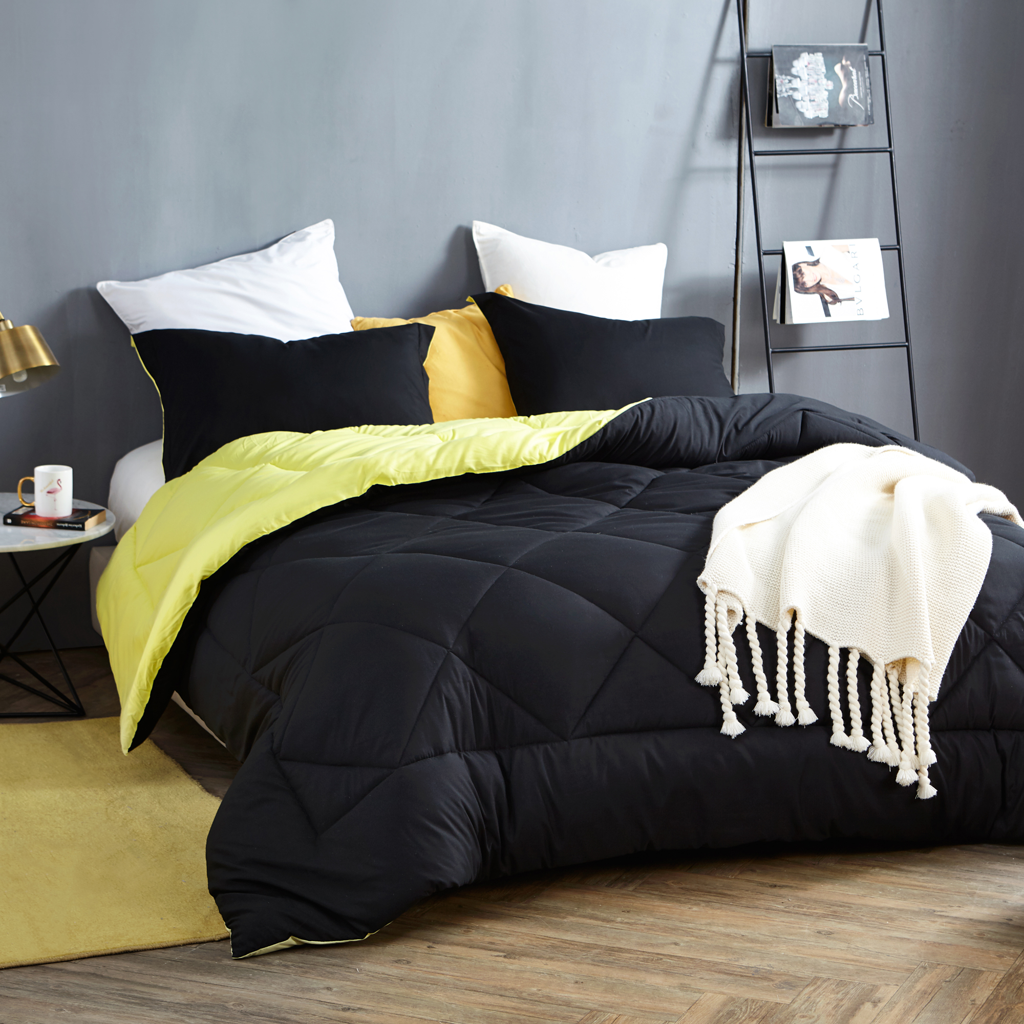 Black/Limelight Yellow King Comforter - Oversized King XL Bedding