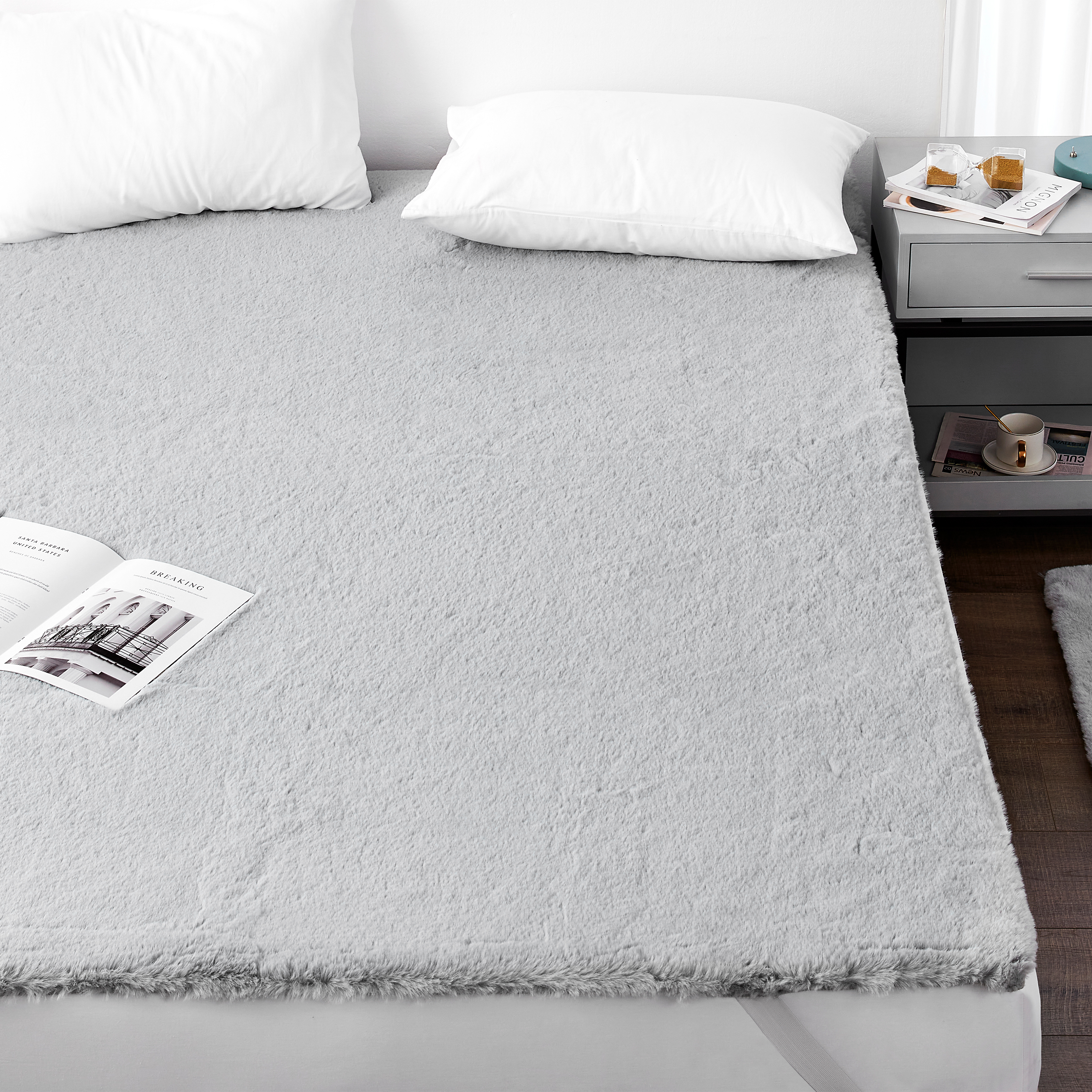 Light Gray Queen Mattress Topper Made with Ultra Cozy Faux Fur Plush Bedding Materials