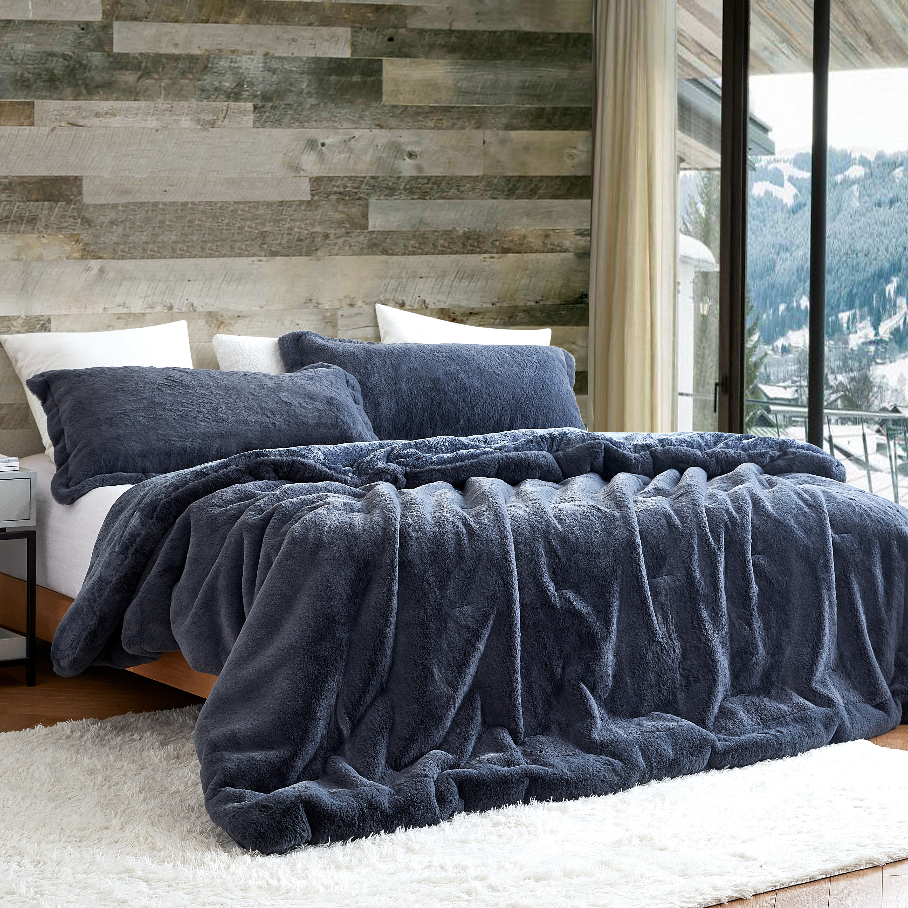 3 Piece King Oversized Comforter Set Blue Steel Chunky Bunny Faux Fur Plush Coma Inducer Blanket