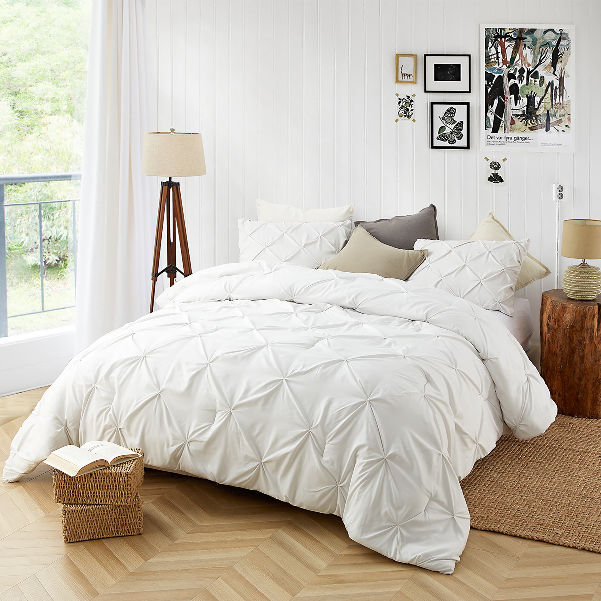 Stylish White Pin Tuck Design Oversized Twin XL, Queen XL, or King XL  Comforter with Cozy Microfiber Material