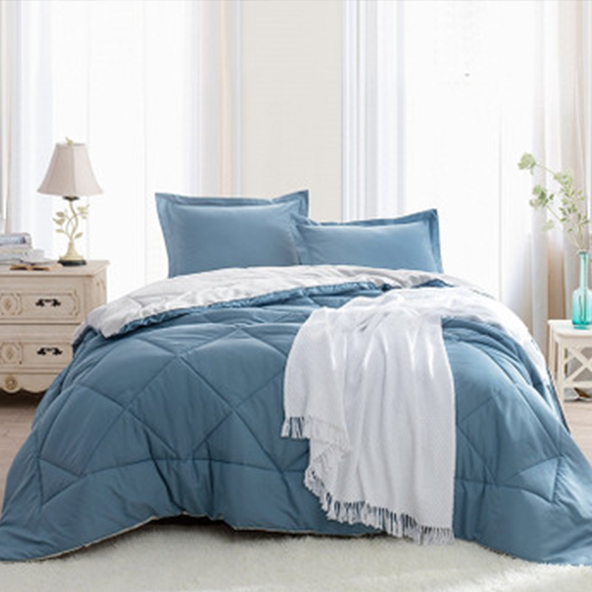 Easy to Clean Oversized Bedding for Teens Twin Extra Large Reversible Microfiber Comforter in Trendy Smoke Blue and Silver Birch Beige