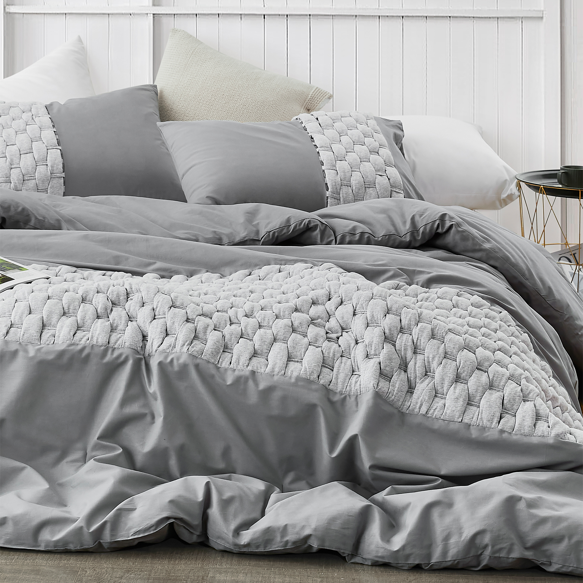 Fashionable Knit and Loop Oversized King Bedding Medium Gray and Light Gray  Extra Large Textured King Comforter