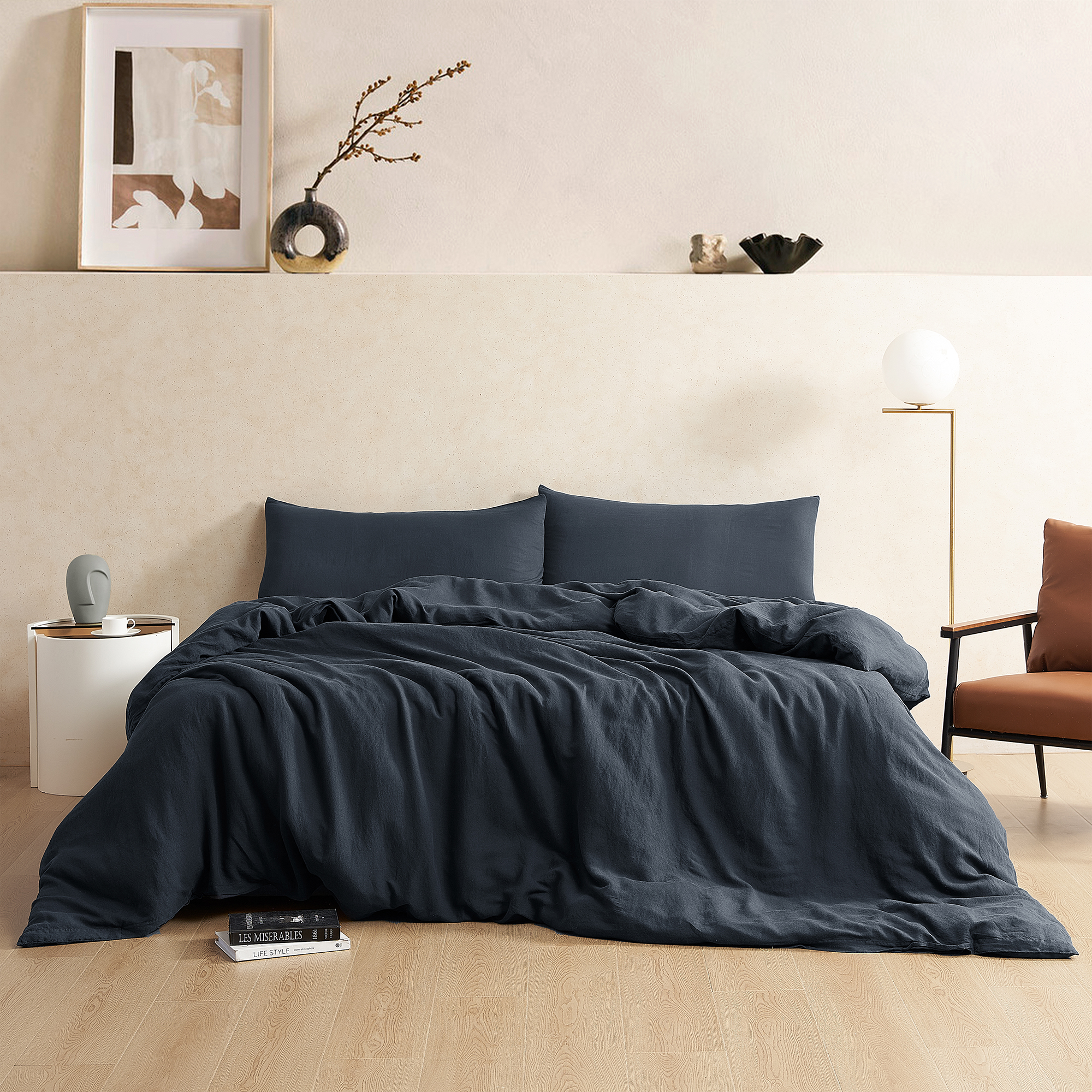 Dark Sky Reserve - Bamboo Linen Oversized Queen Duvet Cover - Portugal Made - Nightfall Navy
