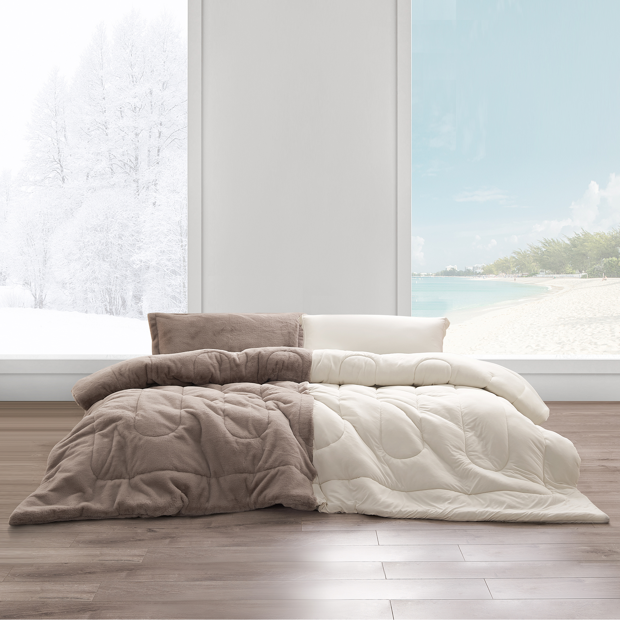 Opposites Attract - Coma Inducer Oversized Queen Comforter - Plush Brown Bear + Cooling Beige Cream