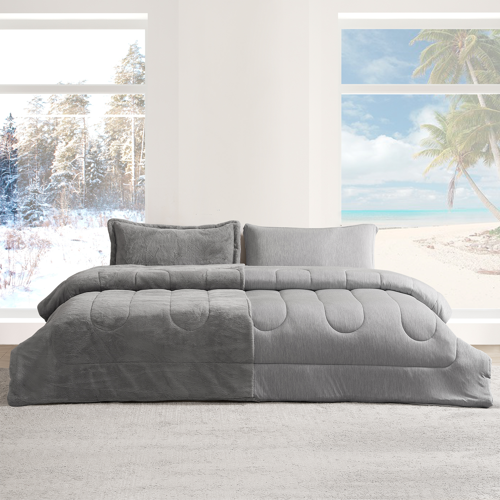 Opposites Attract - Coma Inducer Oversized Queen Comforter - Plush Chartreux Gray + Cooling Silver Gray