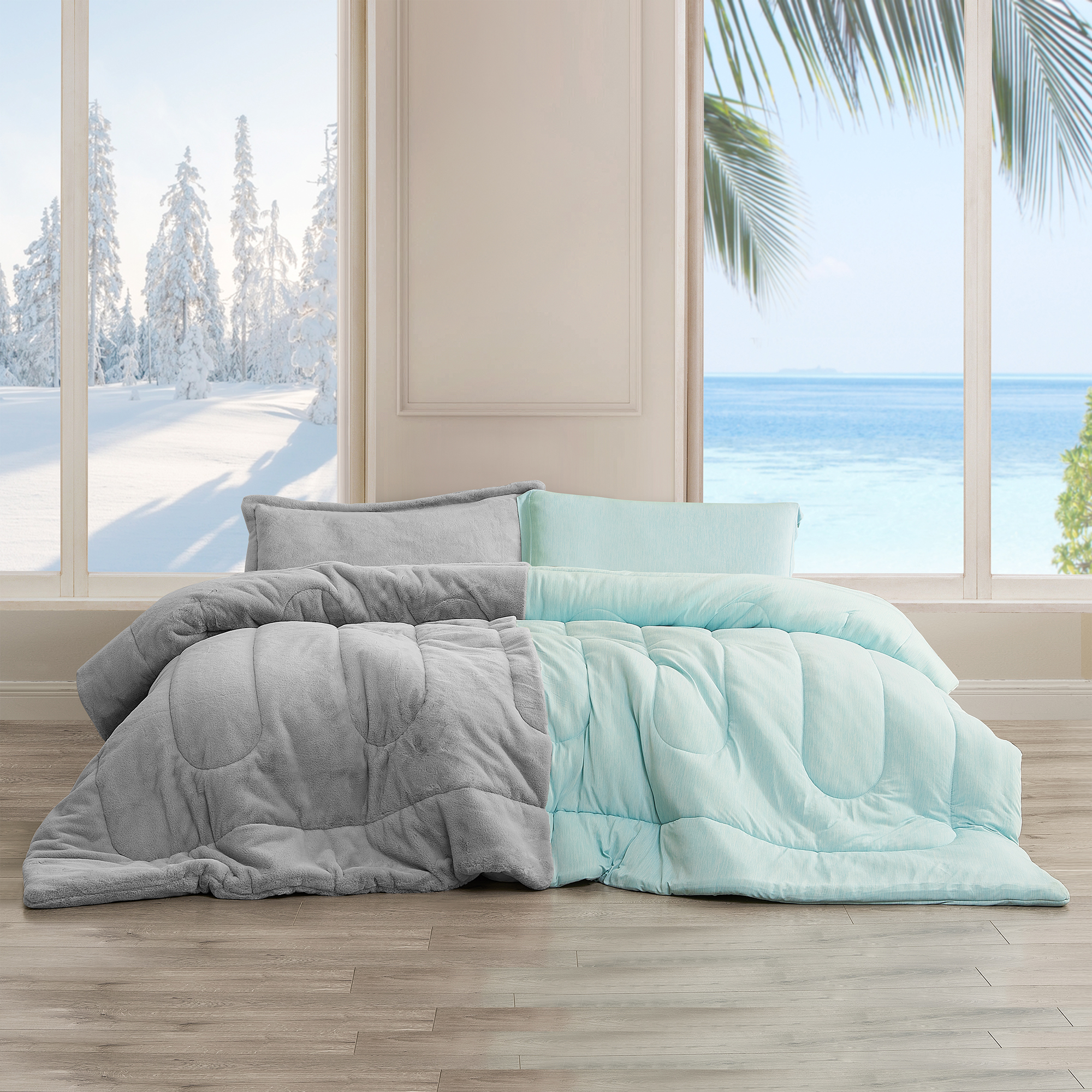 Opposites Attract - Coma Inducer Oversized Queen Comforter - Plush Koala Gray + Cooling Caribbean Green