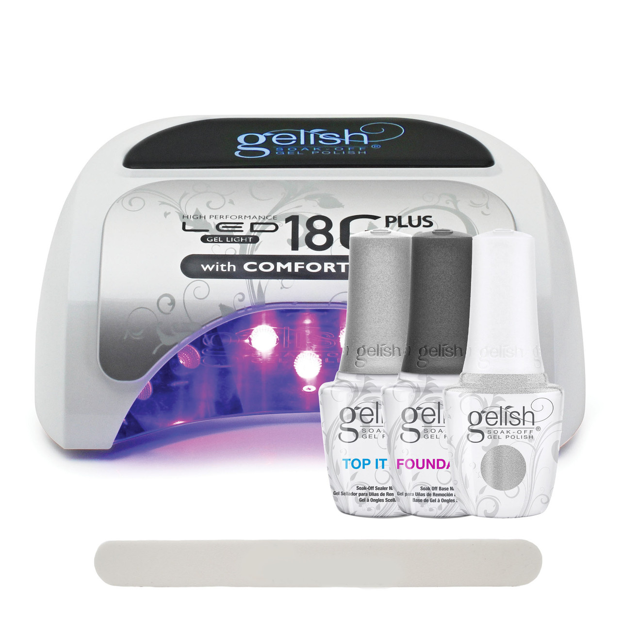 Gelish 18G Plus LED Light with Silver Metallic Soak-Off Gel Polish + Top  and Base Coats