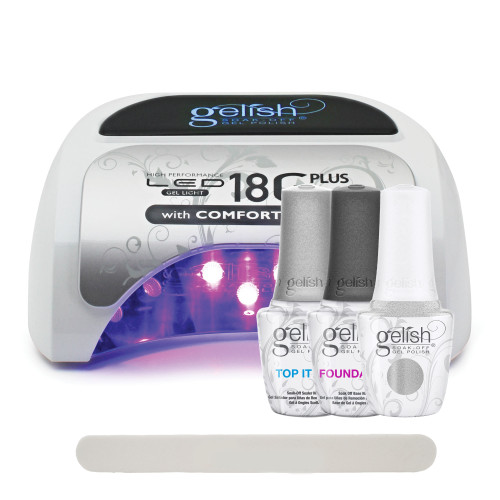 Gelish 18G Plus LED Light with Silver Metallic Soak-Off Gel Polish + Top and Base Coats