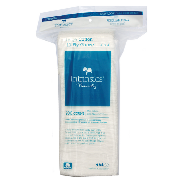 Intrinsics 401423 - Large Cotton 12-Ply Gauze, 4”x4”, 200 ct. Med-Esthetic® 100% Naturelle™ cotton