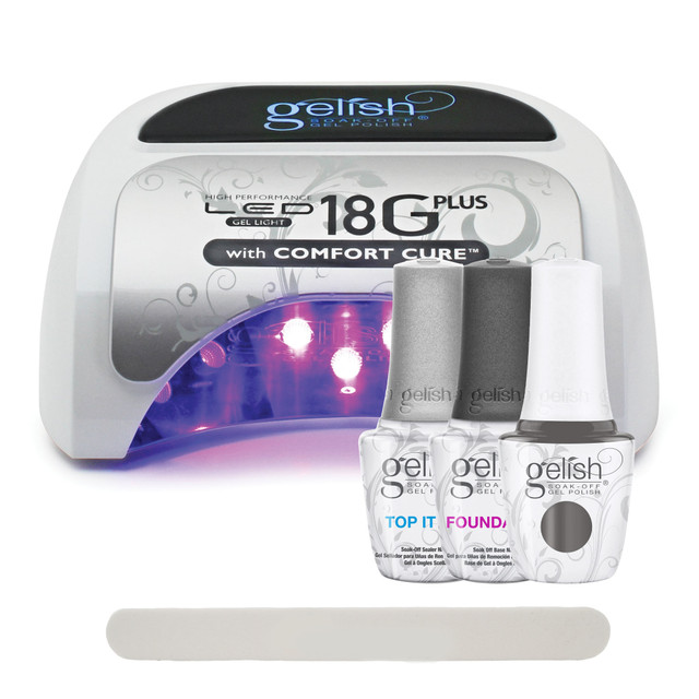 Gelish 18G Plus LED Light with Gray Creme Soak-Off Gel Polish + Top and Base Coats