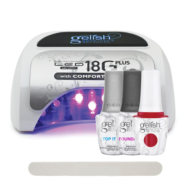 Gelish 18G Plus LED Light with Red Shimmer Soak-Off Gel Polish + Top and Base Coats