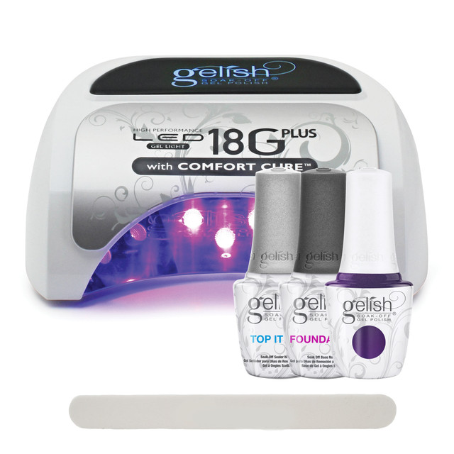 Gelish 18G Plus LED Light with Purple/Blue Pearl Soak-Off Gel Polish + Top and Base Coats