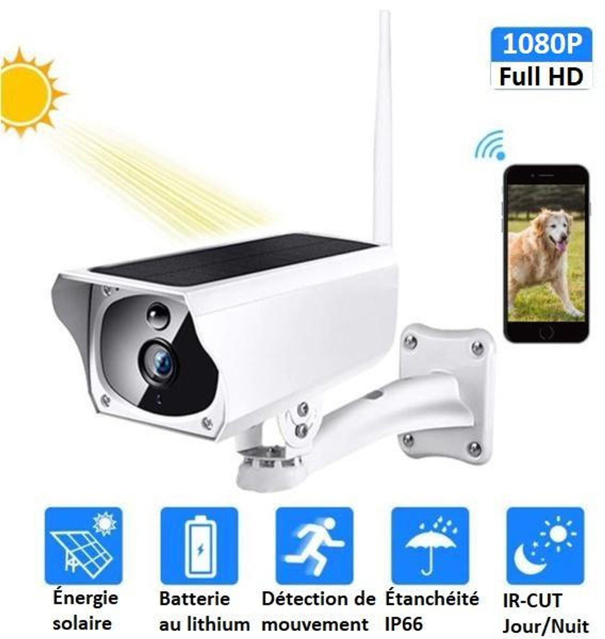 Caméra de sécurité solaire extérieure 1080P, caméra de surveillance  domestique sans fil WiFi 2MP, avec détection