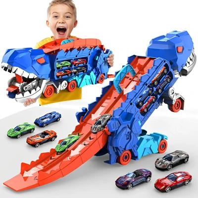 YOOYID Camion Dinosaure Avec 6 Voitures En Métal Et Piste Pliable – Lance-fusées Inclus – Jouet Pour Garçons De 3 à 6 Ans