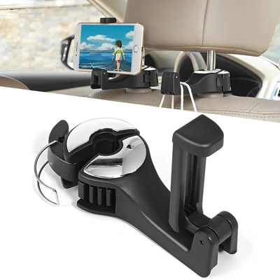 Crochet Appui-Tête Voiture 2 En 1 Avec Support Téléphone 360° – Organisateur Siège Arrière, Noir, Sacs Téléphone Portable