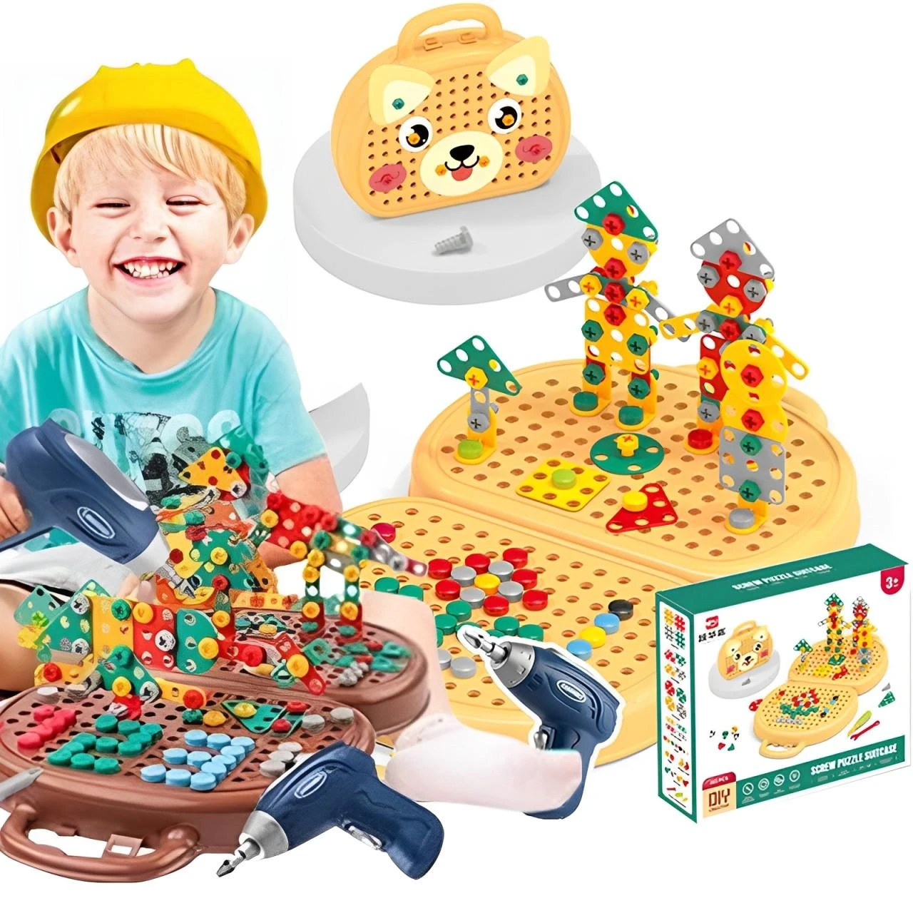 KidBloom Ensemble d'outils pour enfants avec sac à dos, 50 outils de construction avec perceuse électrique, casque et pièces de construction à faire soi-même, jouets pour garçons de 3 à 4 ans