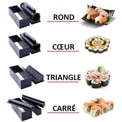 Kit de fabrication de sushi avec ensemble complet de 10 pièces en plastique  - Outils pour la confection de sushis, moules pour rouleaux de riz et