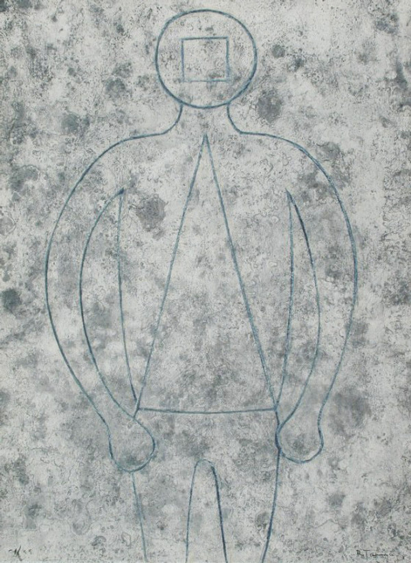 FIGURA DE HOMBRE EN AZUL CON FONDO GRIS BY RUFINO TAMAYO