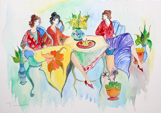 BREAKFAST CHAT (WATERCOLOR) BY ITZCHAK TARKAY