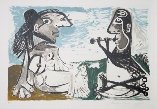 FEMME ASSISE ET JOUEUR DE FLUTE BY MARINA PICASSO