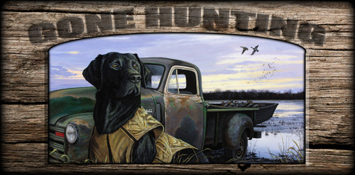 "Gone Hunting" Sign - Fully Vested - Black Lab