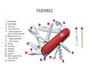 VICTORINOX SWISS ARMY HUNTSMAN 53201 1.3713-033-X1 RED 91MM 3.58". FEATURES SHOWN. CUTLERY SHOPPE