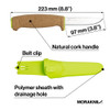MORAKNIV M-13686 FISHING KNIFE. 3.8" SCANDI GRIND SANDVIK 12C27 STAINLESS STEEL BLADE. LIME GREEN POLYMER SHEATH. CALL-OUTS SHOWN. CUTLERY SHOPPE