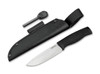 BOKER SOLINGEN 121504 BRONCO BUSHCRAFT. 4.45"CPM-3V BLADE. TEXTURED BLACK TPE HANDLE. BLACK LEATHER BELT SHEATH. SHOWN WITH SHEATH. CUTLERY SHOPPE