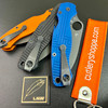 LYNCHNW SPYDERCO PM2 MOD 1 PARA MILITARY 2 FOLDING KNIFE. BLACK DLC FINISH WHARNCLIFFE CPM-S30V BLADE. CS FRAG PATTERN BLUE ANODIZED 6061-T6 ALUMINUM HANDLE W/LYNCHNW TITANIUM CLIP. ALL BLACK HARDWARE. LIMITED EDITION. COLOR OPTIONS SHOWN. CUTLERY SHOPPE EXCLUSIVE