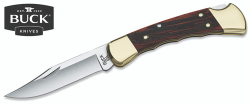 BUCK KNIVES 0110BRSFG 110 FOLDING HUNTER W/FINGER GROOVE. 3.75" PLAIN EDGE 420HC BLADE. CRELICAM® EBONY HANDLE W/BRASS BOLSTERS. BLACK LEATHER SHEATH. CUTLERY SHOPPE 