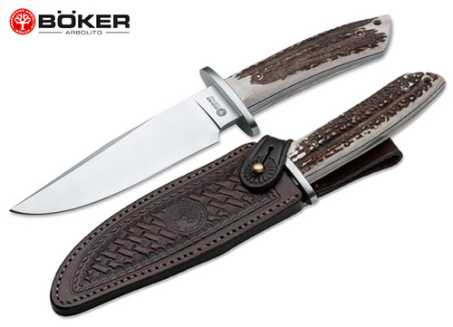 BOKER 02BA593H ESCULTA STAG BOWIE KNIFE. 5.75" BOHLER N695 BLADE. STAG HANDLE. BROWN LEATHER BELT SHEATH. CUTLERY SHOPPE