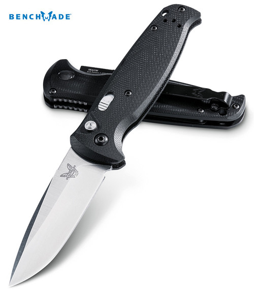 BENCHMADE 4300 CLA AUTOMATIC. 3.4" PLAIN EDGE SATIN FINISH 154CM BLADE. BLACK G-10 HANDLE. CUTLERY SHOPPE