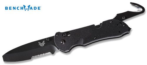 BENCHMADE 916SBK TRIAGE RESCUE FOLDER. 3.5" N680 MAIN BLADE. TRIPLE UTILITY TOOL: KNIFE, SAFETY HOOK & GLASS BREAKER. BLACK G-10 SCALES. CUTLERY SHOPPE