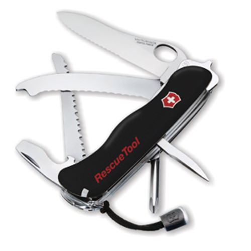 VICTORINOX 0.8623.MWN.3R2 SWISS ARMY RESCUE TOOL. MODEL 54900 WITH BLACK SCALES. NYLON POUCH INCLUDED. CUTLERY SHOPPE