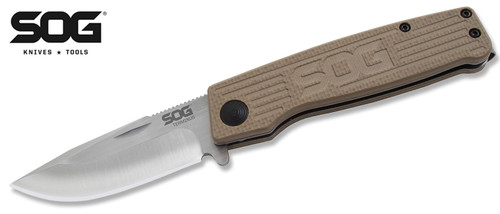 SOG KNIVES TM1001 TERMINUS SLIPJOINT FOLDER. 3.0" PLAIN EDGE BLACK FINISH CTS-BD1 BLADE. TAN G-10 HANDLE. CUTLERY SHOPPE