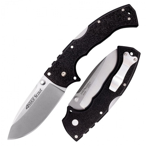 COLD STEEL 62RQ 4-MAX SCOUT FOLDER. 4.0" STONEWASH FINISH DROP POINT AUS-10A BLADE. BLACK GRIV-EX HANDLE W/STAINLESS STEEL LINERS. CUTLERY SHOPPE