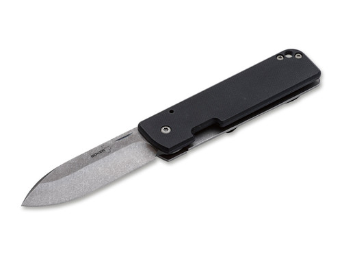 BOKER PLUS 01BO465 SERGE PANCHENKO LANCER 42. 2.76" STONEWASH FINISH D2 SPEARPOINT BLADE. BLACK G-10 & STAINLESS STEEL HANDLE. STEEL POCKET CLIP. SHOWN OPEN. CUTLERY SHOPPE