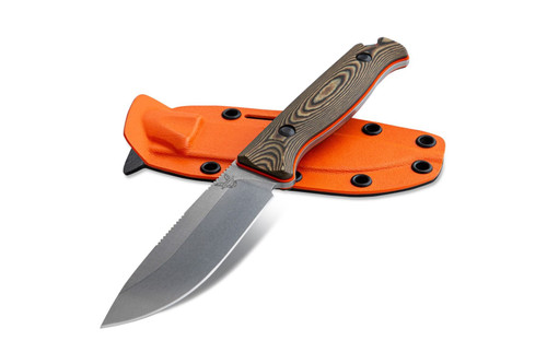 BENCHMADE 15002-1 SADDLE MOUNTAIN SKINNER. 4.2" CPM-S90V DROP POINT BLADE. RICHLITE/ORANGE G-10 SCALES. BOLTARON SHEATH. CUTLERY SHOPPE