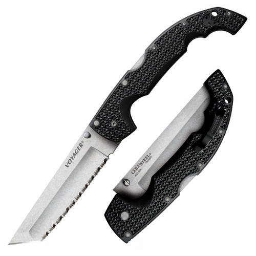 COLD STEEL 29AXTS EXTRA LARGE VOYAGER TANTO BLADE FOLDER. 5.5" SERRATED EDGE AUS-10A BLADE. CHECKERED GRIV-EX HANDLE. CUTLERY SHOPPE