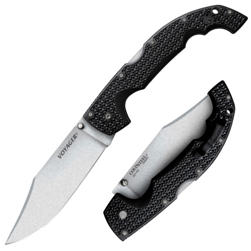 COLD STEEL 29AXC EXTRA LARGE VOYAGER CLIP POINT BLADE. 5.5" PLAIN EDGE AUS-10A BLADE. CHECKERED GRIV-EX HANDLE. CUTLERY SHOPPE