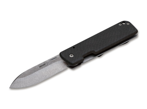 BOKER PLUS 01BO467 SERGE PANCHENKO LANCER 42. 2.76" STONEWASH FINISH D2 SPEARPOINT BLADE. CARBON FIBER & STAINLESS STEEL HANDLE. STEEL POCKET CLIP. SHOWN OPEN. CUTLERY SHOPPE