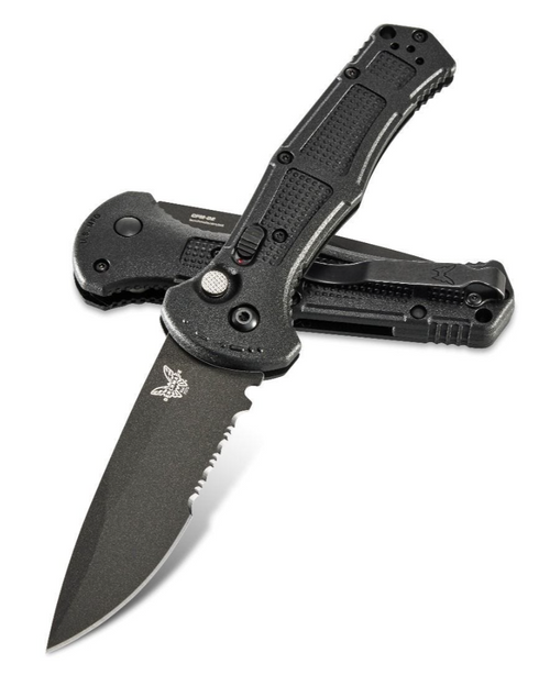 BENCHMADE 9070SBK CLAYMORE AUTOMATIC. 3.6" COMBO EDGE COBALT BLACK FINISH CPM-D2 BLADE. BLACK GRIVORY HANDLE. CUTLERY SHOPPE