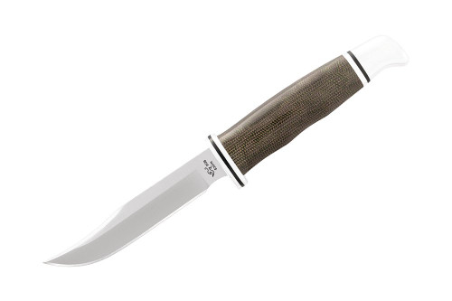 BUCK KNIVES 0102GRS1 WOODSMAN®  PRO FIXED BLADE KNIFE. 4.0" PLAIN EDGE CPM-S35VN BLADE. GREEN CANVAS MICARTA HANDLE. BLACK LEATHER BELT SHEATH. CUTLERY SHOPPE 