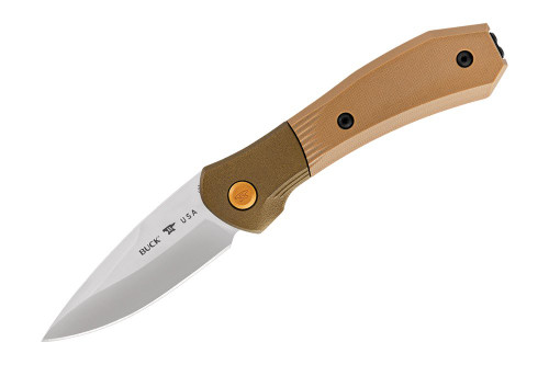 BUCK KNIVES 0591BRS PARADIGM SHIFT AUTOMATIC. 3.0" PLAIN EDGE DROP POINT CPM-S35VN BLADE. TEXTURED BROWN G-10 HANDLE W/ROTATING BOLSTER LOCK. CUTLERY SHOPPE