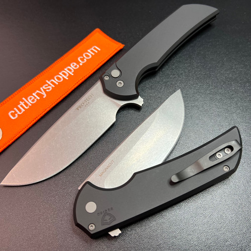 PRO-TECH KNIVES MX101 MORDAX FLIPPER. 3.75" STONEWASH FINISH MAGNACUT DROP POINT BLADE. BLACK ANODIZED 6061-T6 ALUMINUM HANDLE. CUTLERY SHOPPE