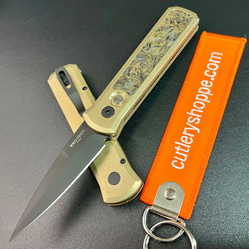 PRO-TECH 2023GS.002 GODSON CUSTOM AUTOMATIC. 3.15" BLACK DLC 154CM BLADE. AIBRONZE/FAT CARBON "DARK MATTER GOLD" INLAY. LIMITED EDITION. CUTLERY SHOPPE