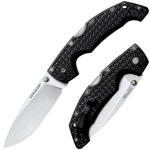 COLD STEEL 29AB LARGE VOYAGER DROP POINT BLADE. 4.0" PLAIN EDGE AUS-10A BLADE. CHECKERED GRIV-EX HANDLE. CUTLERY SHOPPE