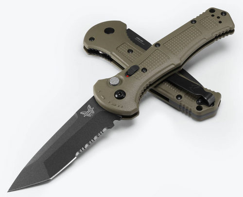 Benchmade 9071SBK-1 Claymore AUTOMATIC - 3.6" Combo Edge Cobalt Black Finish CPM-D2 Tanto Blade - Ranger Green Grivory Handle