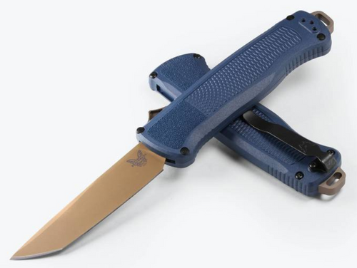 Benchmade 5370FE-01 Shootout OTF Automatic - 3.51" Tanto Point CPM-CruWear PVD Coated Blade - Crater Blue Grivory Handle w/Lanyard Pommel