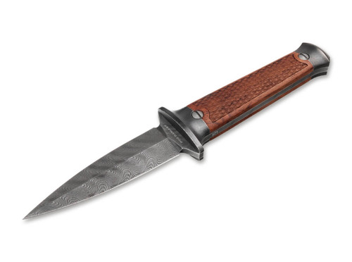 Boker P08 Boot Dagger 3.23 Nichols Boomerang Damascus Blade, Textured  Rosewood Handles, Leather Sheath - KnifeCenter - 121515DAM